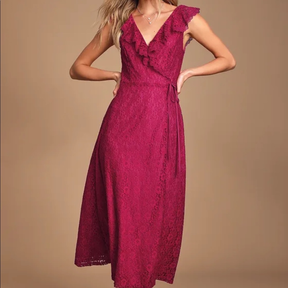Lulu’s Effortless Elegance Magenta Lace Midi Wrap Dress Size XS